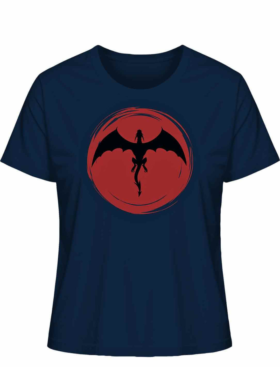 'Saga of the Dragon' T-Shirt in Liegeansicht auf natürlichem Hintergrund, zeigt das kunstvolle Drachen-Design in der Farbe French Navy.