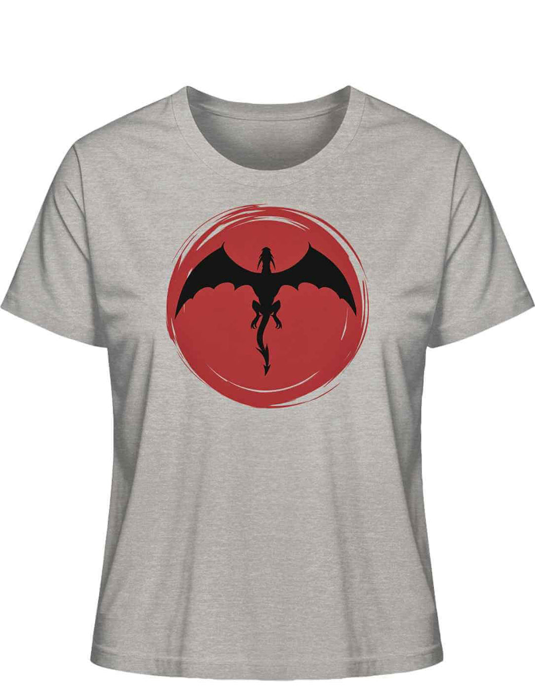 'Saga of the Dragon' T-Shirt in Liegeansicht auf natürlichem Hintergrund, zeigt das kunstvolle Drachen-Design in der Farbe Heather Grey.