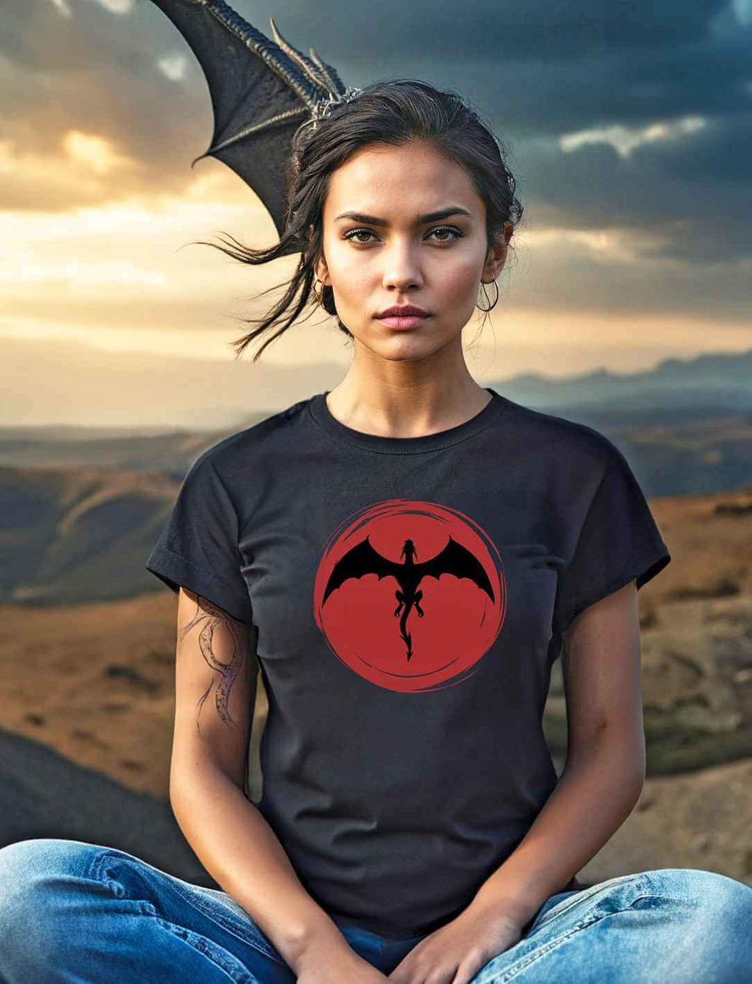 Junge Frau in 'Saga of the Dragon' T-Shirt in Schwarz, posiert mit dem Hintergrund eines imposanten, fliegenden Drachens, symbolisierend die Kraft und Mystik der Legende.