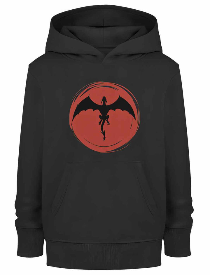Schwarzer 'Saga of the Dragon' Bio-Kinder Hoodie in Liegedarstellung, bereit, junge Abenteurer auf ihren Fantasiereisen zu begleiten.