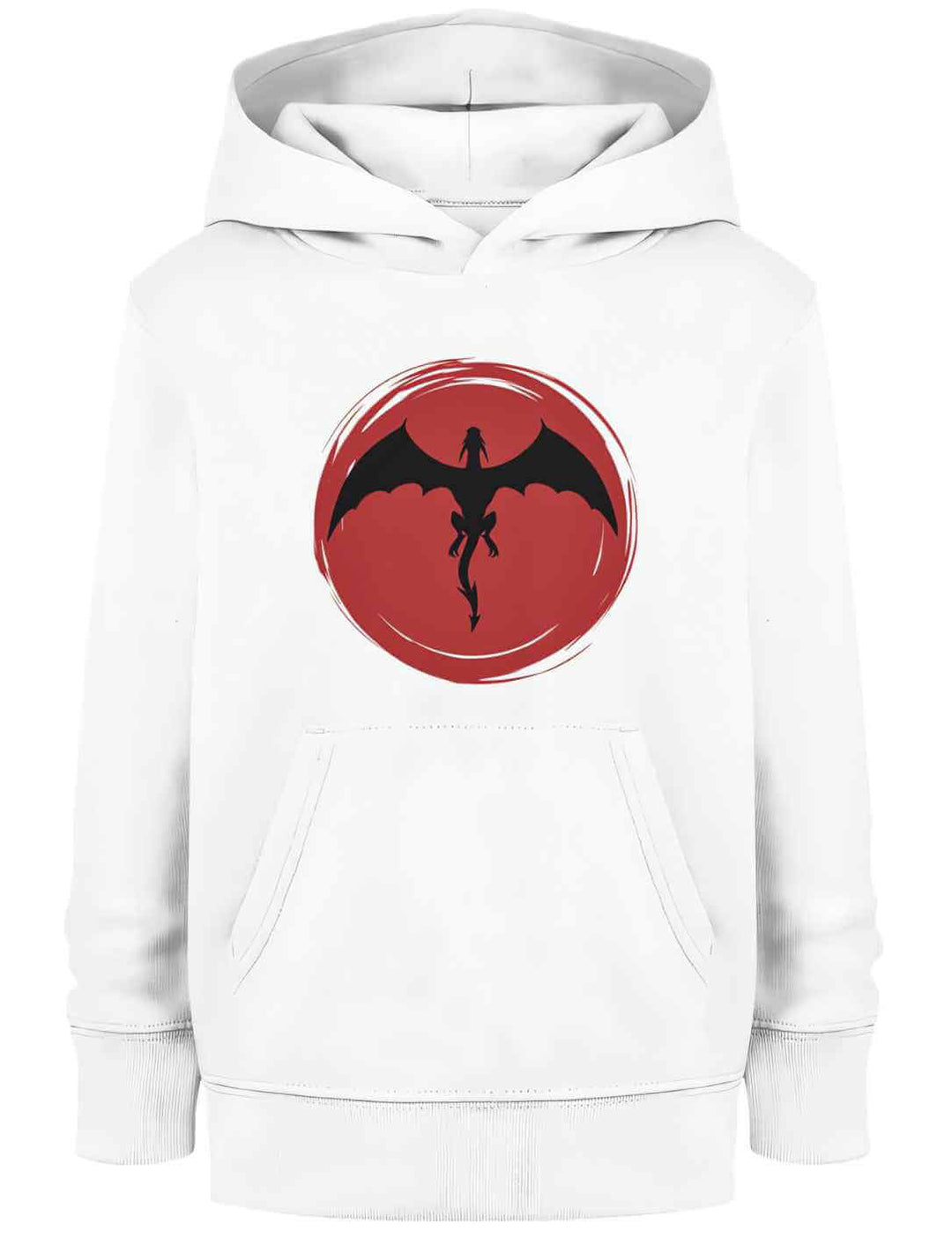 Weisser 'Saga of the Dragon' Bio-Kinder Hoodie, flach ausgelegt, ideal für den heldenhaften Alltag junger Entdecker.
