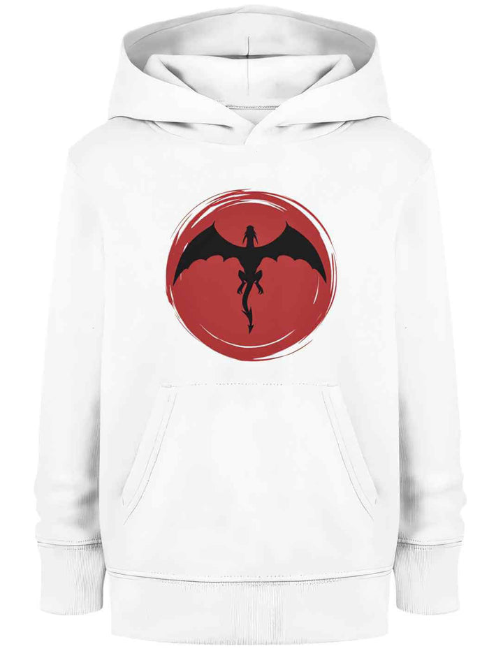 Weisser 'Saga of the Dragon' Bio-Kinder Hoodie, flach ausgelegt, ideal für den heldenhaften Alltag junger Entdecker.
