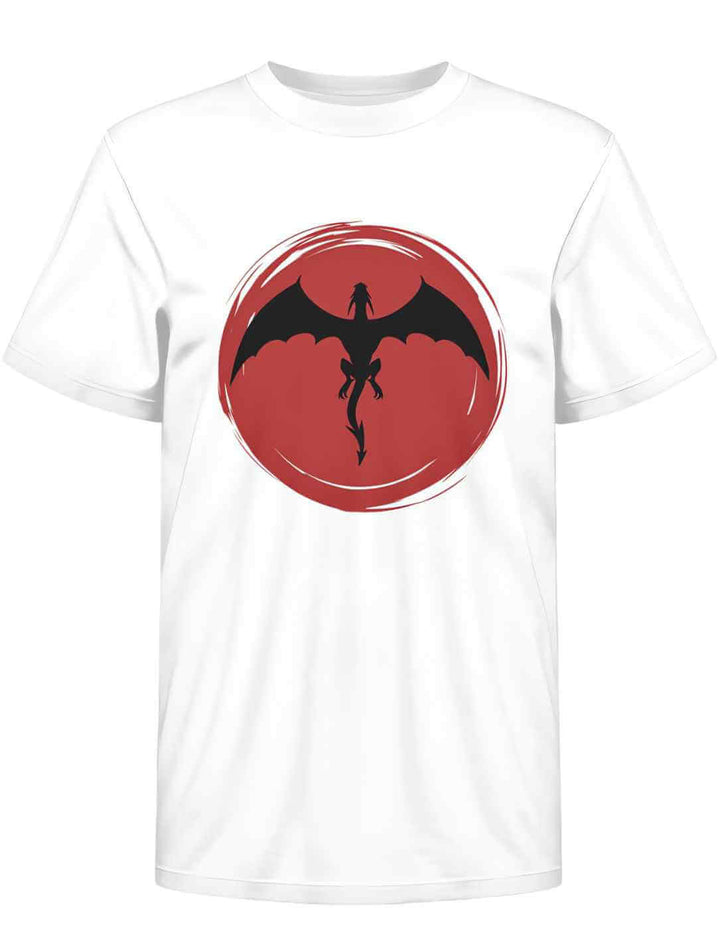 Weisses 'Saga of the Dragon' Bio-Kinder T-Shirt, flach ausgelegt, ideal für junge Entdecker, um im Partnerlook mit ihren Eltern die Legenden zum Leben zu erwecken.