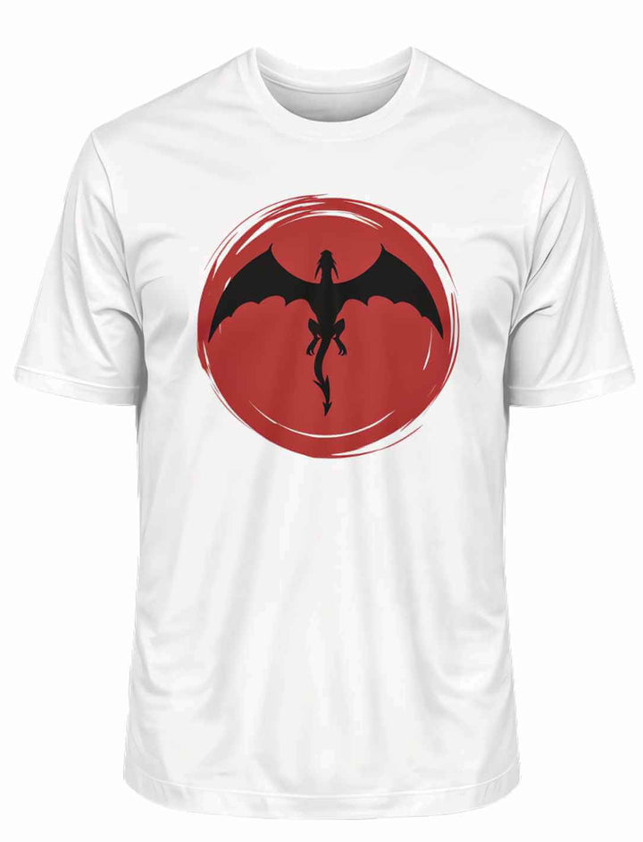 Weisses 'Saga of the Dragon' Organic Unisex T-Shirt liegend auf weissem Untergrund, das elegante Drachen-Motiv zeigend.
