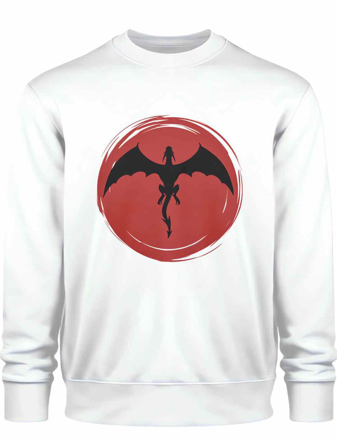Weisses 'Saga of the Dragon' Sweatshirt in Liegedarstellung, das mystische Drachen-Design elegant zur Schau stellend.