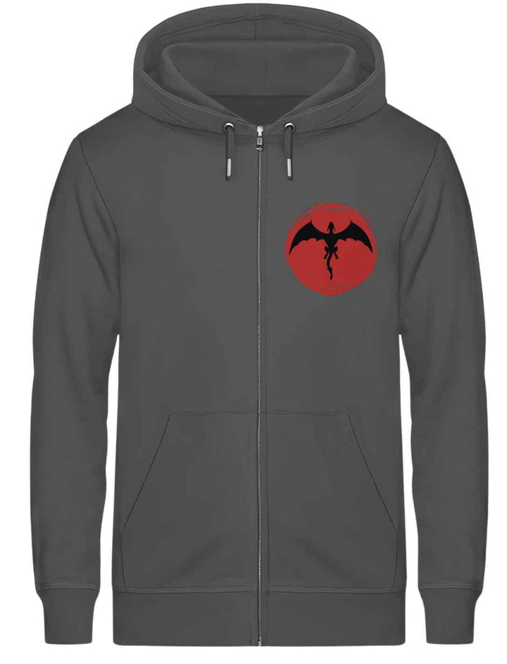 Anthrazitfarbener 'Saga of the Dragon' Zip Hoodie aus Bio-Baumwolle, dargestellt in eleganter Liegeansicht, ein Must-Have für Fans von urbaner Fantasy.