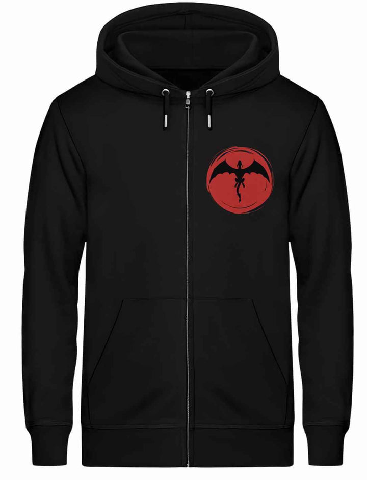 Schwarzer 'Saga of the Dragon' Zip Hoodie in einer stilvollen Liegeansicht, kombiniert nachhaltige Materialien mit legendärem Design für den modernen Entdecker.