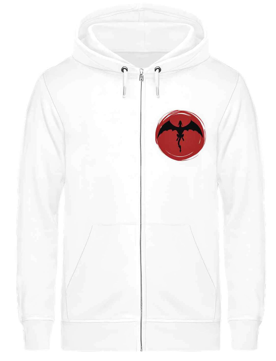 Weisser 'Saga of the Dragon' Zip Hoodie, flach präsentiert, vereint Komfort und zeitlose Mythologie für den alltäglichen Gebrauch.