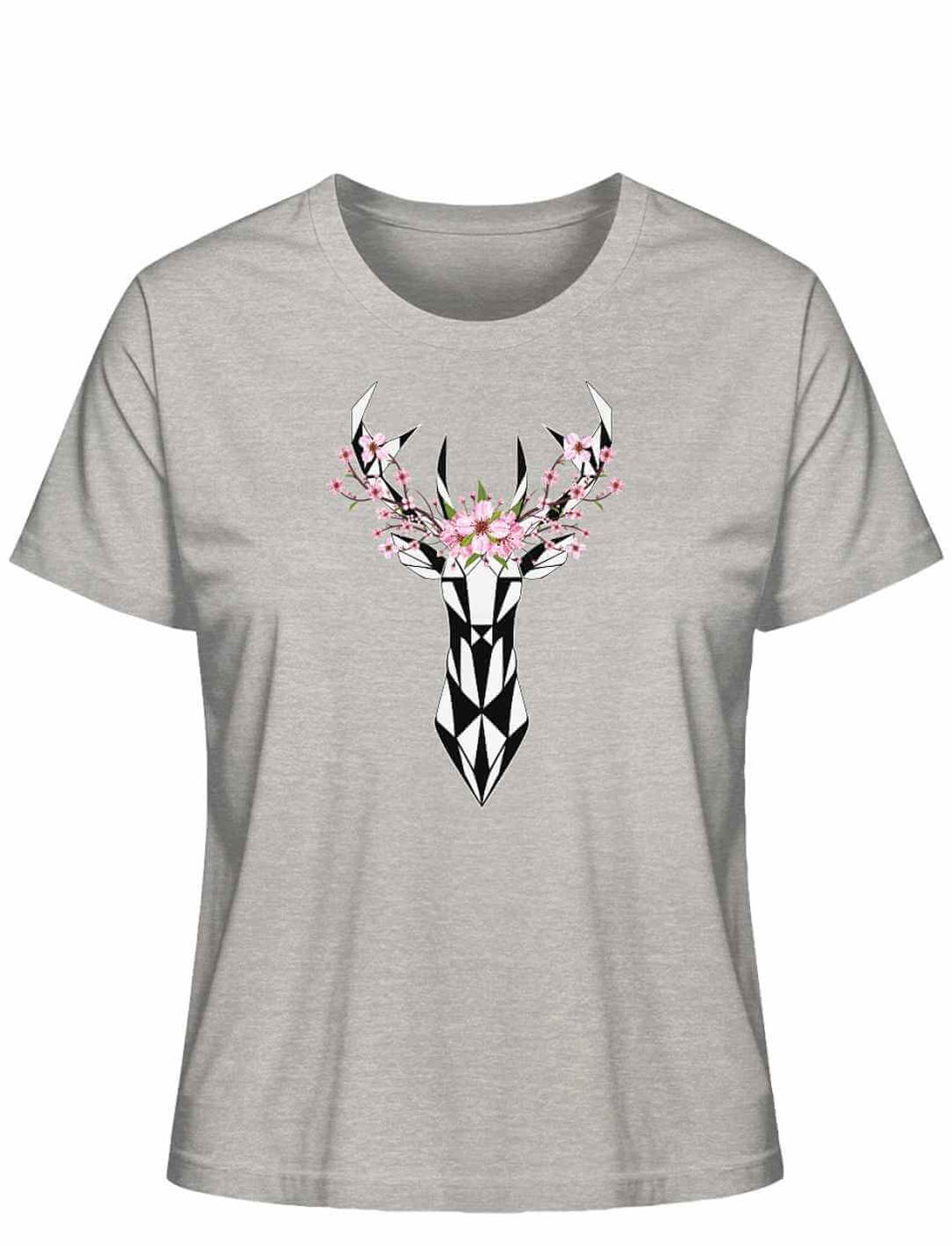 "Sakura Deer" Damen-T-Shirt in Heather Grey, liegend prĂ€sentiert, mit einem grafischen Hirsch- und KirschblĂŒten-Design, inspiriert von der Schönheit Japans.