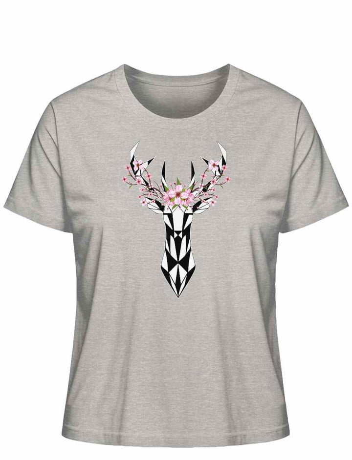"Sakura Deer" Damen-T-Shirt in Heather Grey, liegend prĂ€sentiert, mit einem grafischen Hirsch- und KirschblĂŒten-Design, inspiriert von der Schönheit Japans.