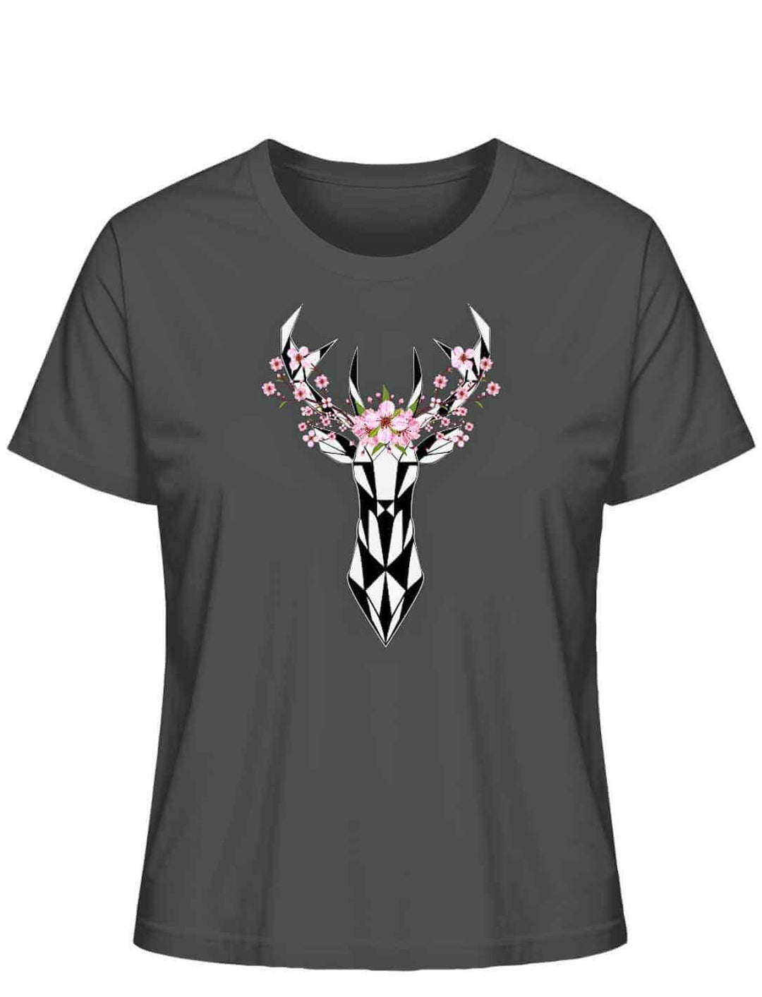 "Sakura Deer" Damen-T-Shirt in Anthrazit, flach ausgebreitet, mit einem kontrastreichen Sakura- und Hirschdruck, der die Verbindung zur japanischen Natur symbolisiert.