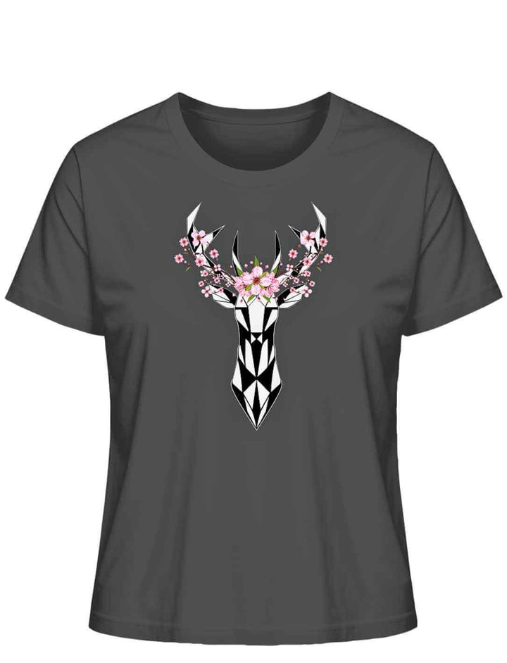 "Sakura Deer" Damen-T-Shirt in Anthrazit, flach ausgebreitet, mit einem kontrastreichen Sakura- und Hirschdruck, der die Verbindung zur japanischen Natur symbolisiert.