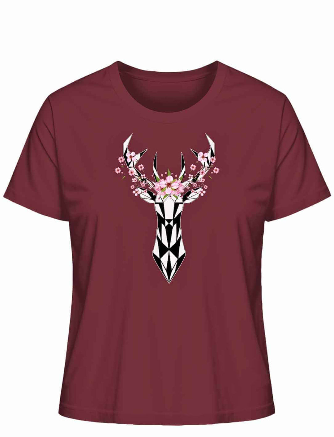 "Sakura Deer" Damen-T-Shirt in Burgund, liegend prĂ€sentiert, mit einem grafischen Hirsch- und KirschblĂŒten-Design, inspiriert von der Schönheit Japans.