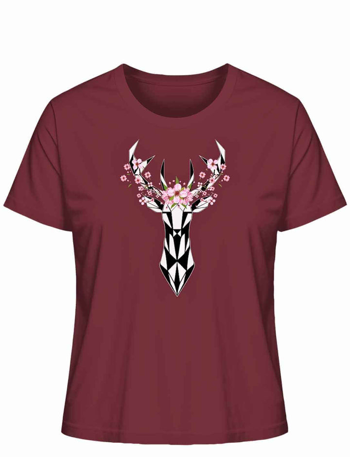 "Sakura Deer" Damen-T-Shirt in Burgund, liegend prĂ€sentiert, mit einem grafischen Hirsch- und KirschblĂŒten-Design, inspiriert von der Schönheit Japans.