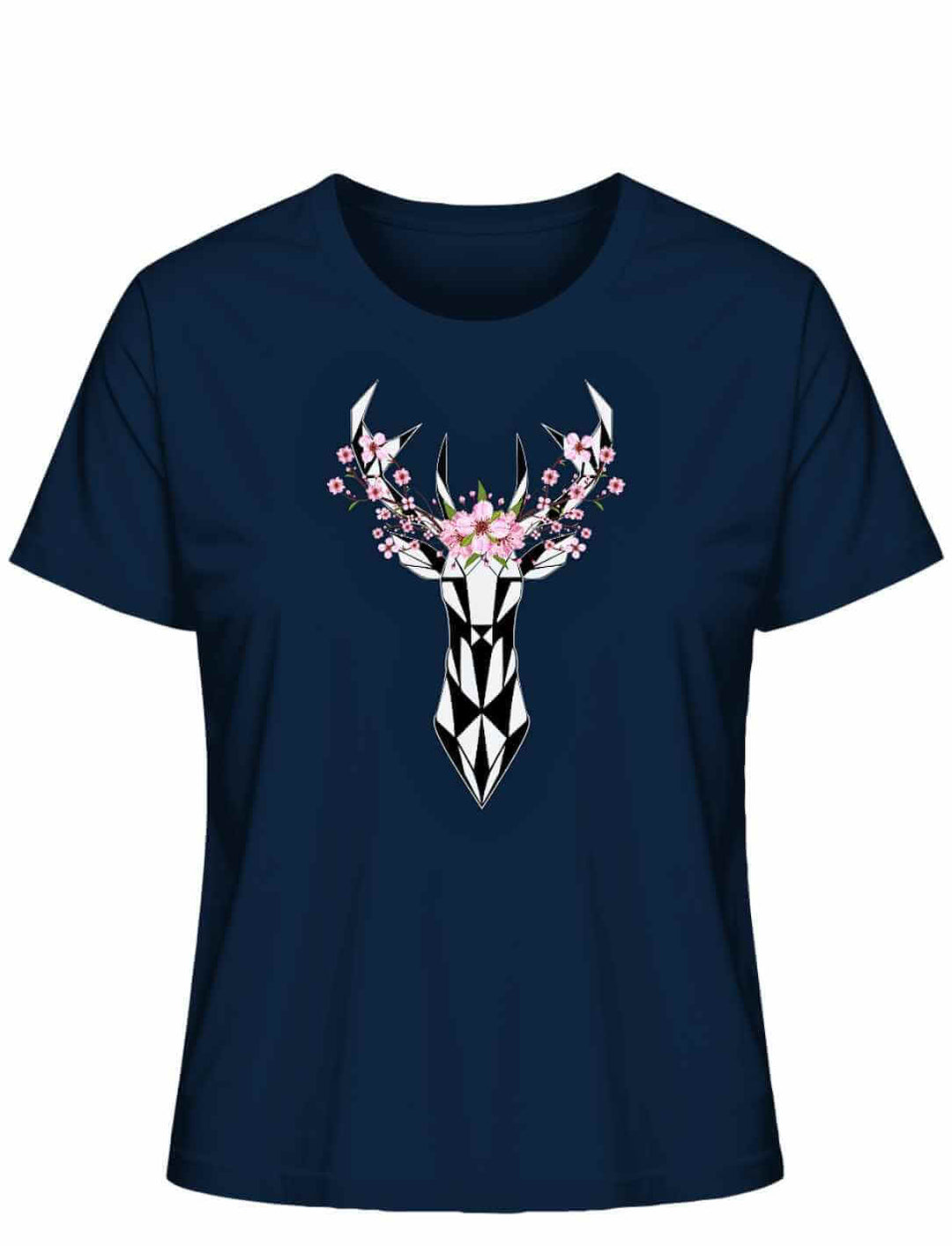 "Sakura Deer" Damen-T-Shirt in French Navy, flach liegend, mit einem schwarzen Hirsch-Silhouetten-Design, umringt von Sakura-BlĂŒten, als Tribut an die japanische KirschblĂŒtensaison.