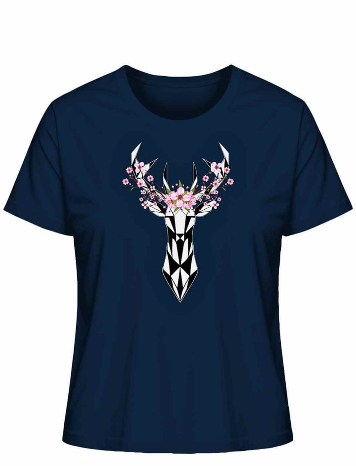 "Sakura Deer" Damen-T-Shirt in French Navy, flach liegend, mit einem schwarzen Hirsch-Silhouetten-Design, umringt von Sakura-BlĂŒten, als Tribut an die japanische KirschblĂŒtensaison.