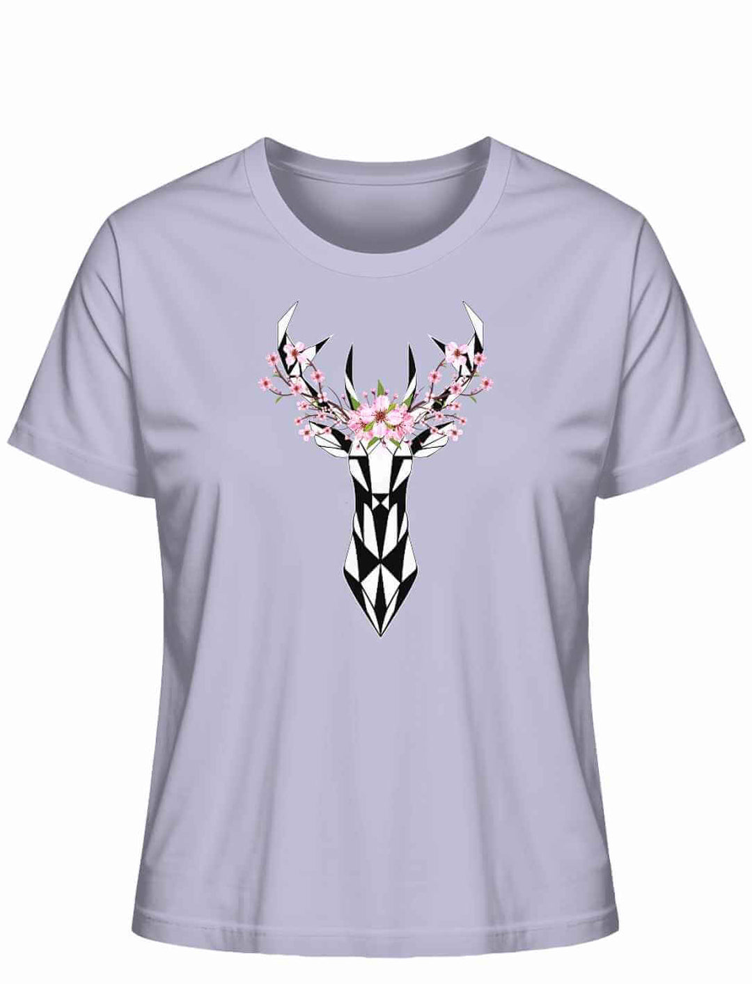 "Sakura Deer" Damen-T-Shirt in Lavender, flach liegend, mit einem schwarzen Hirsch-Silhouetten-Design, umringt von Sakura-BlĂŒten, als Tribut an die japanische KirschblĂŒtensaison.