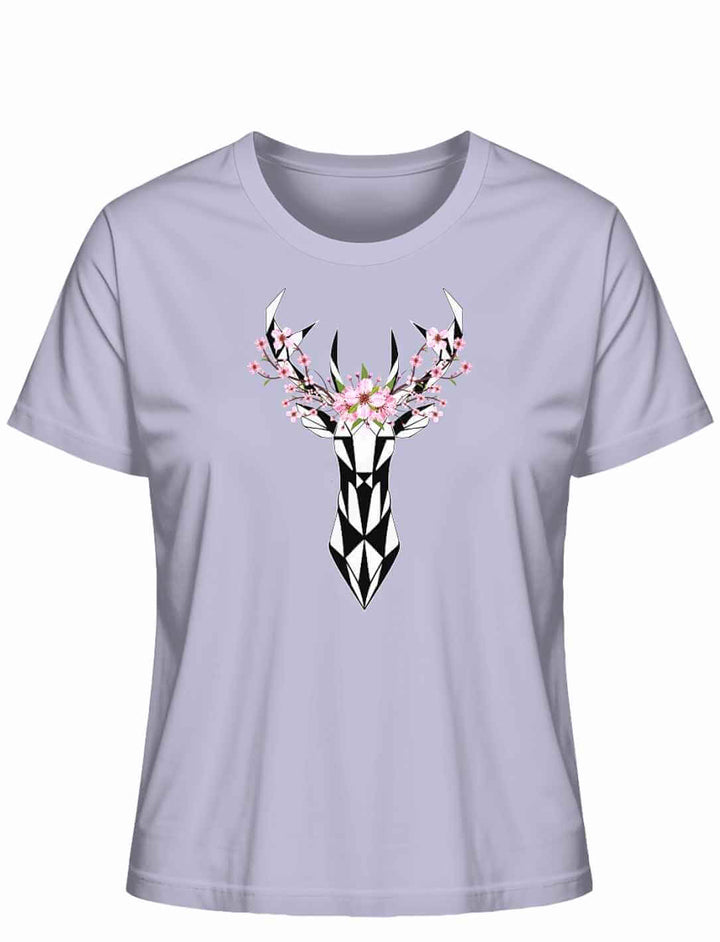 "Sakura Deer" Damen-T-Shirt in Lavender, flach liegend, mit einem schwarzen Hirsch-Silhouetten-Design, umringt von Sakura-BlĂŒten, als Tribut an die japanische KirschblĂŒtensaison.