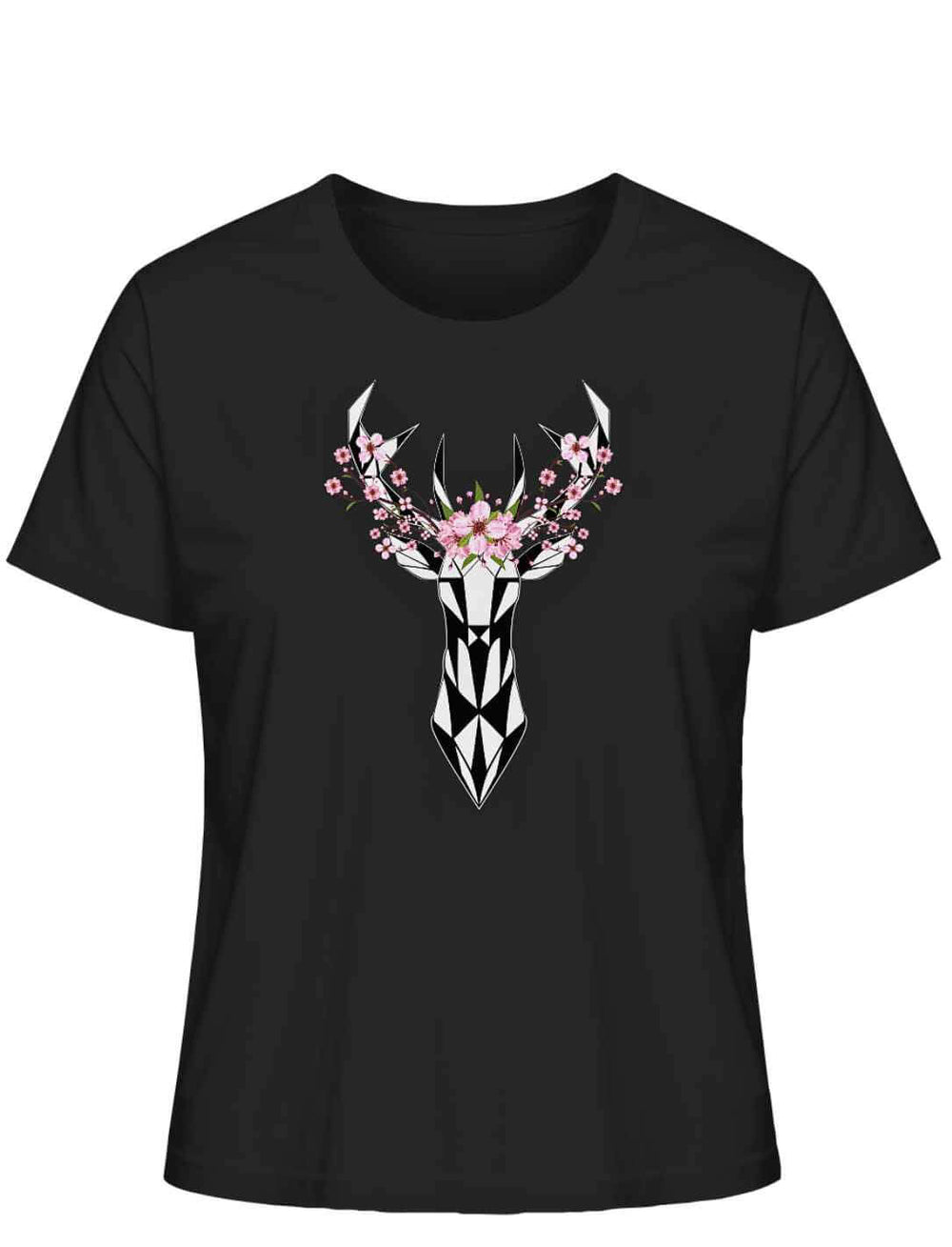 "Sakura Deer" Damen-T-Shirt in Schwarz, flach liegend auf weiĂem Hintergrund, mit einem eleganten, von der japanischen KirschblĂŒte inspirierten Hirschmotiv.