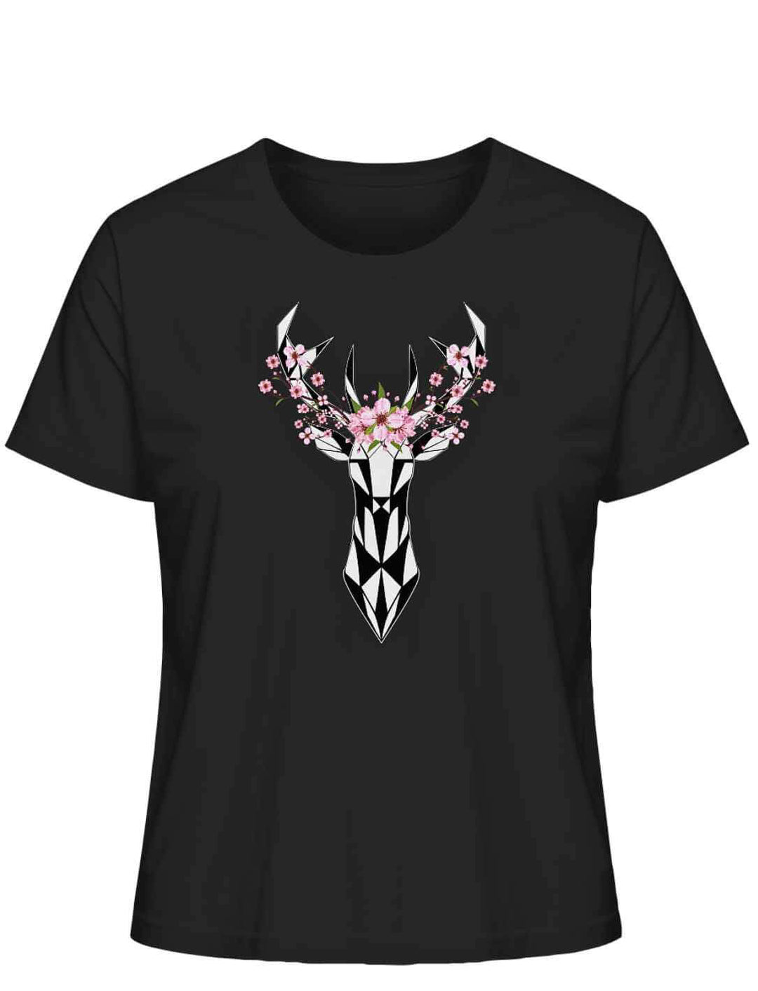 "Sakura Deer" Damen-T-Shirt in Schwarz, flach liegend auf weiĂem Hintergrund, mit einem eleganten, von der japanischen KirschblĂŒte inspirierten Hirschmotiv.