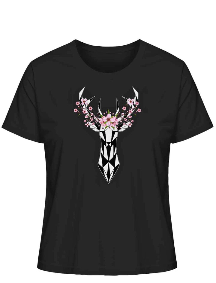 "Sakura Deer" Damen-T-Shirt in Schwarz, flach liegend auf weiĂem Hintergrund, mit einem eleganten, von der japanischen KirschblĂŒte inspirierten Hirschmotiv.