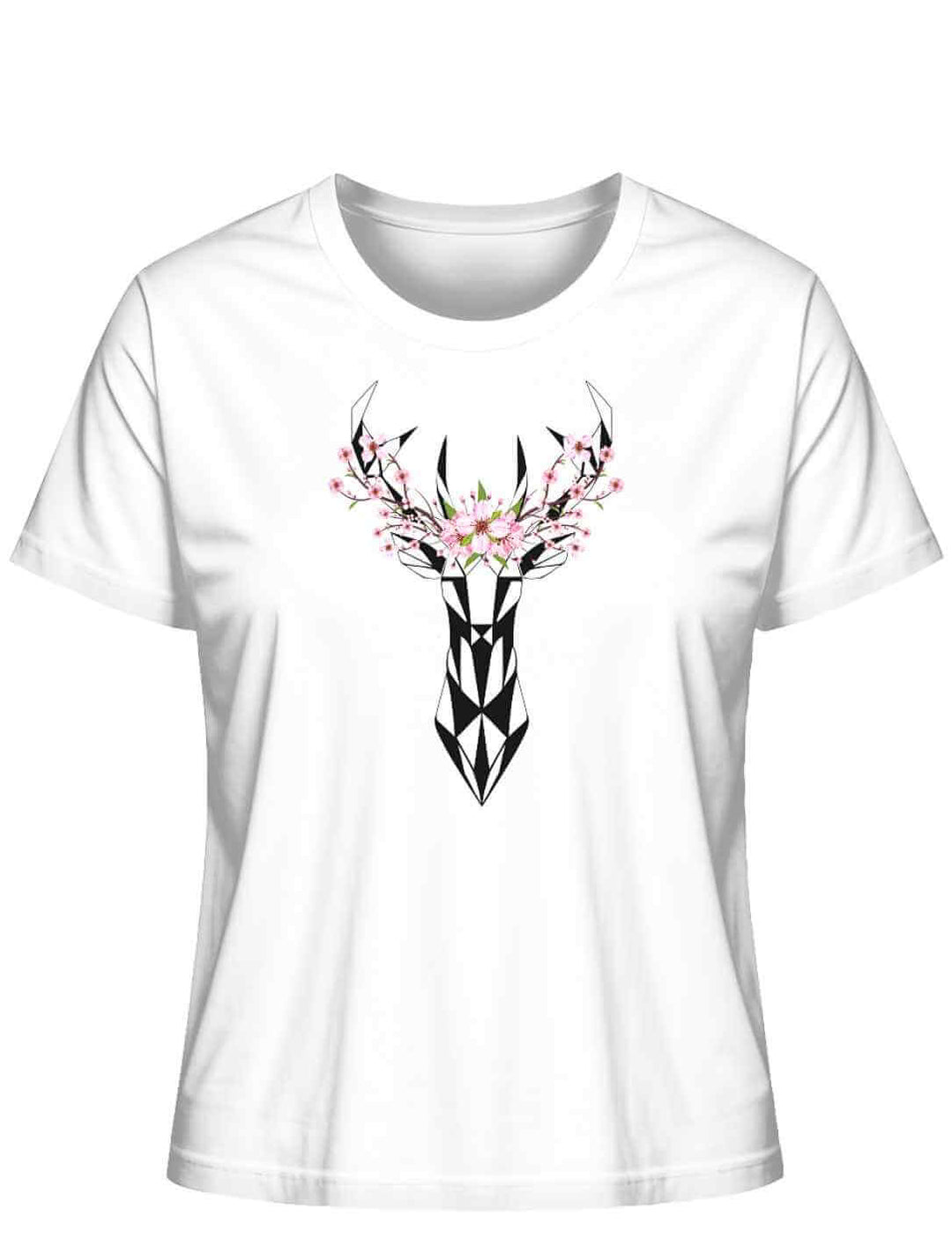 "Sakura Deer" Damen-T-Shirt in WeiĂ, flach liegend, mit einem zarten, von Sakura-BlĂŒten umgebenen Hirschdesign, das japanische Ăsthetik hervorhebt.