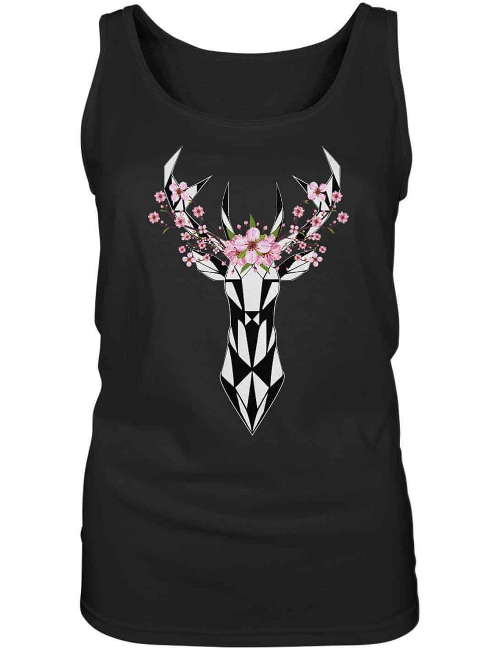 Schwarzes Sakura Deer Organic Damen Tank Top, inspiriert von japanischer Kultur, auf weiĂem Hintergrund liegend