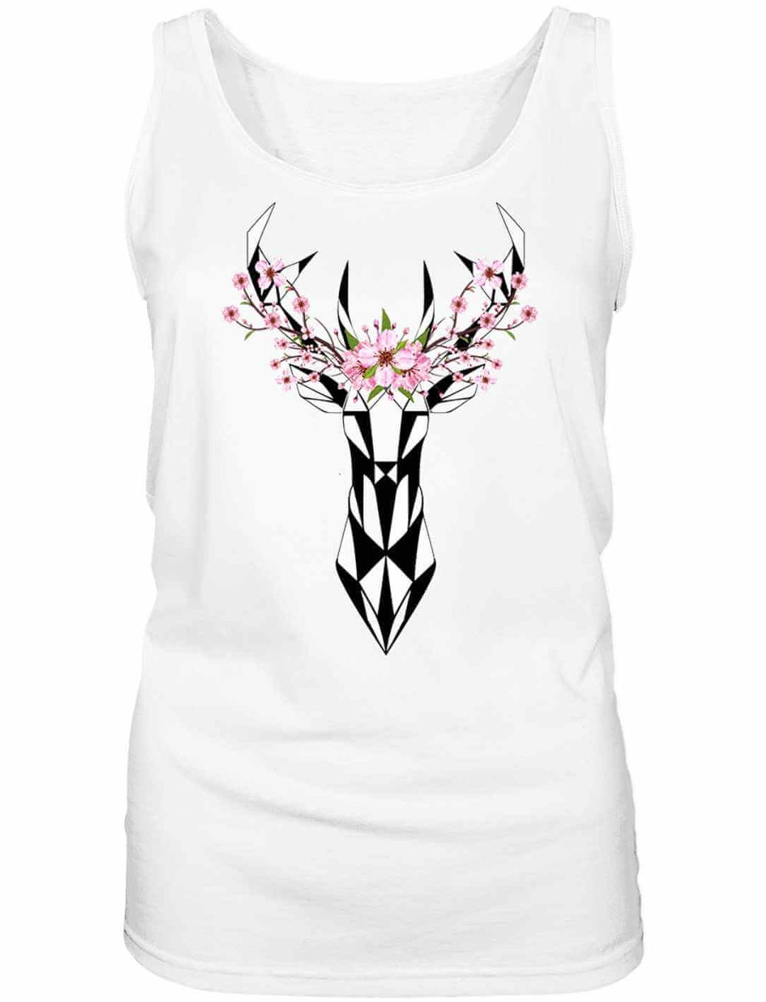 WeiĂes Sakura Deer Organic Damen Tank Top, vereint Stil und Nachhaltigkeit, auf weiĂem Hintergrund liegend.