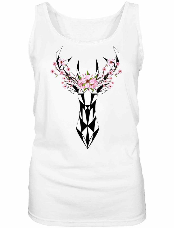 WeiĂes Sakura Deer Organic Damen Tank Top, vereint Stil und Nachhaltigkeit, auf weiĂem Hintergrund liegend.