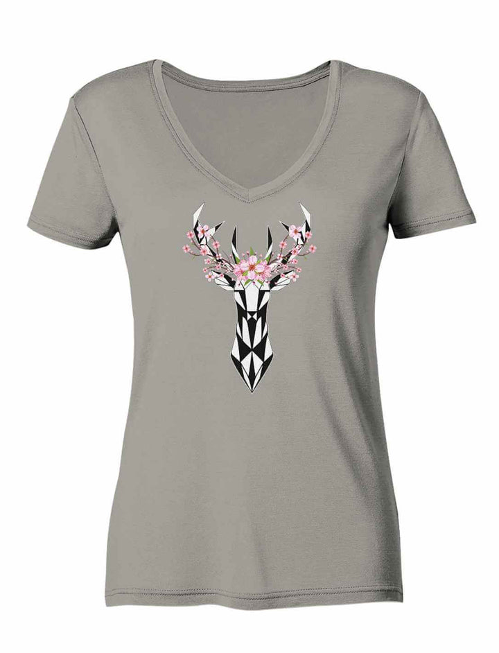 Sakura Deer Organic Damen V-Neck Shirt in Light Grey auf weißem Hintergrund
