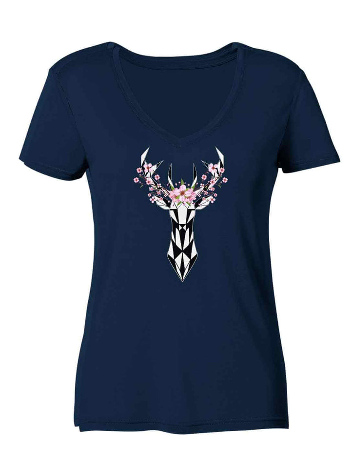 Sakura Deer Organic Damen V-Neck Shirt in Navy auf weißem Hintergrund
