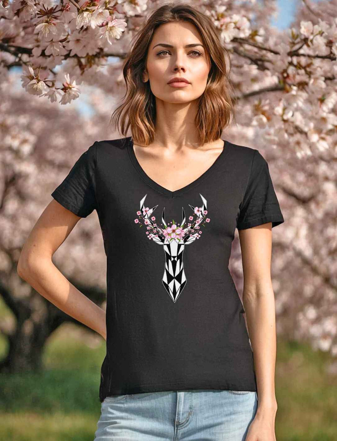 unge Frau trägt das Organic Damen V-Neck Shirt in Schwarz vor einem Kirschblüten-Hintergrund