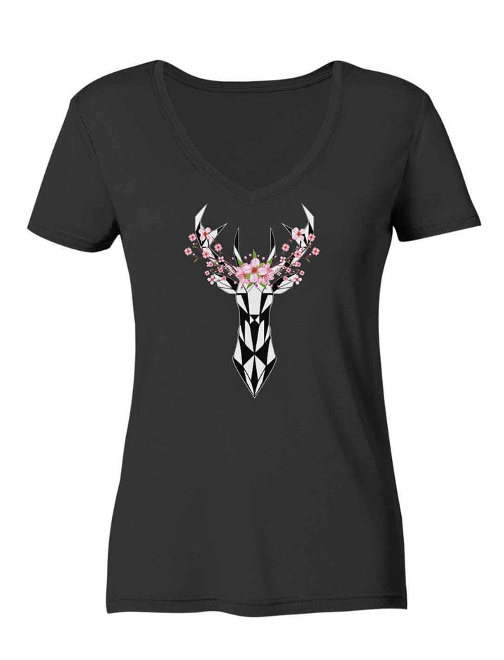 Sakura Deer Organic Damen V-Neck Shirt in Schwarz auf weißem Hintergrund