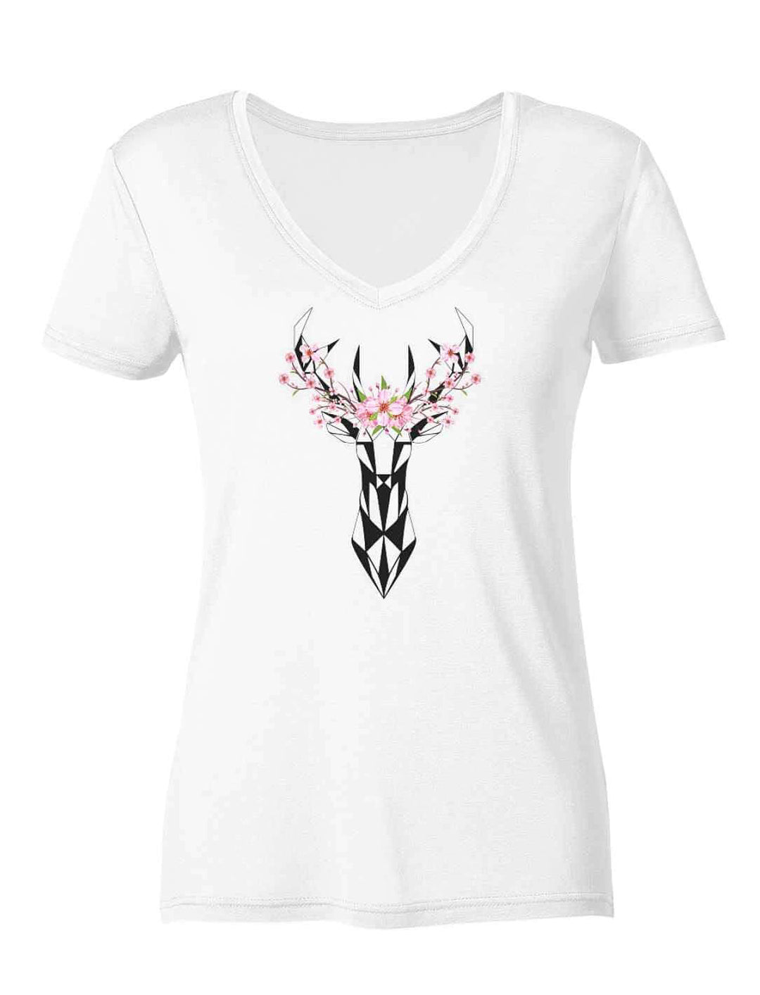 Sakura Deer Organic Damen V-Neck Shirt in Weiss auf weißem Hintergrund
