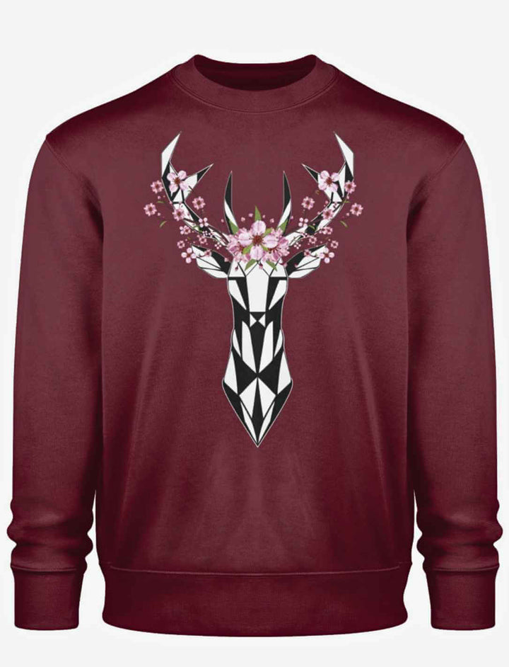 Ein burgunderfarbener Sakura Deer Organic Unisex Sweater auf weißem Hintergrund, der die elegante Kombination aus japanischer Mythologie und nachhaltigem Komfort zeigt.