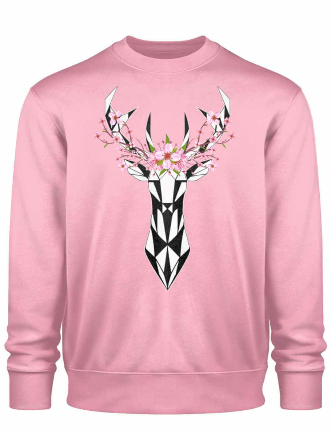 Ein cotton pink Sakura Deer Organic Unisex Sweater auf weißem Hintergrund, inspiriert von der Magie der Sakura und der Anmut des Hirsches, ideal für einen stilvollen und umweltbewussten Look.