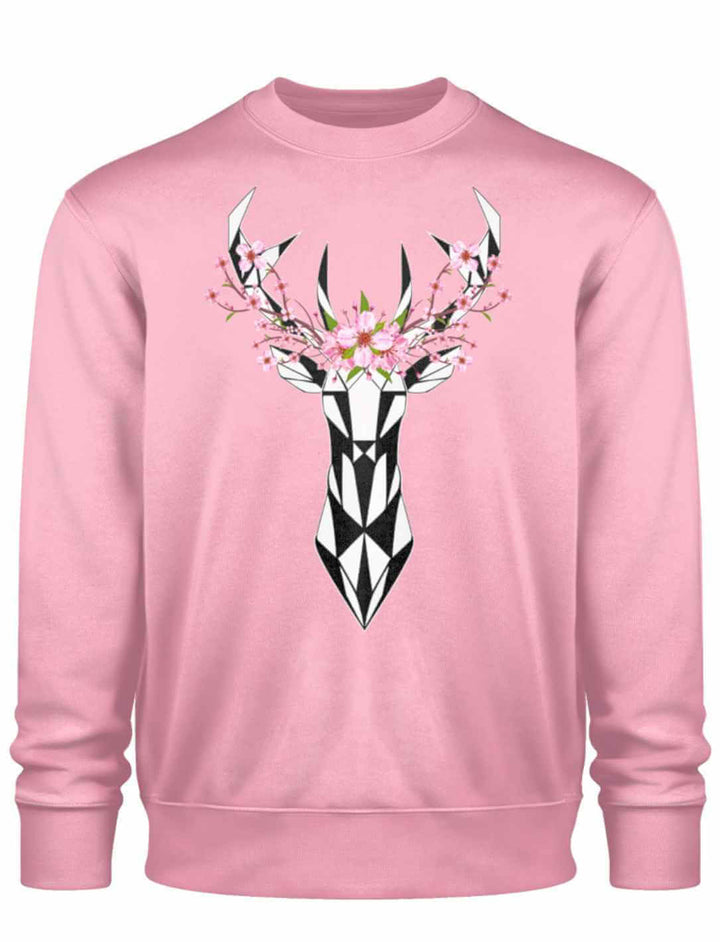 Ein cotton pink Sakura Deer Organic Unisex Sweater auf weißem Hintergrund, inspiriert von der Magie der Sakura und der Anmut des Hirsches, ideal für einen stilvollen und umweltbewussten Look.