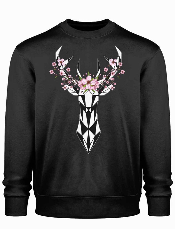 Ein schwarzer Sakura Deer Organic Unisex Sweater auf weißem Hintergrund, der die perfekte Kombination aus japanischer Eleganz und nachhaltigem Komfort zeigt.