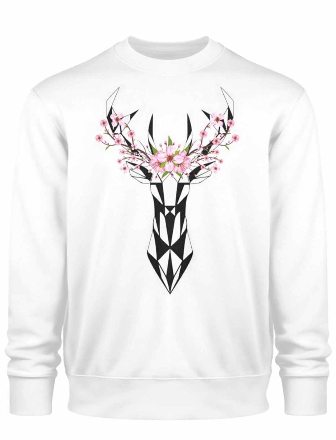 Ein weisser Sakura Deer Organic Unisex Sweater auf weissem Hintergrund, inspiriert von der Magie der Sakura und der Stärke des Hirsches.