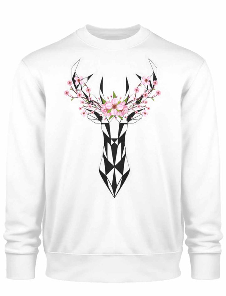 Ein weisser Sakura Deer Organic Unisex Sweater auf weissem Hintergrund, inspiriert von der Magie der Sakura und der Stärke des Hirsches.
