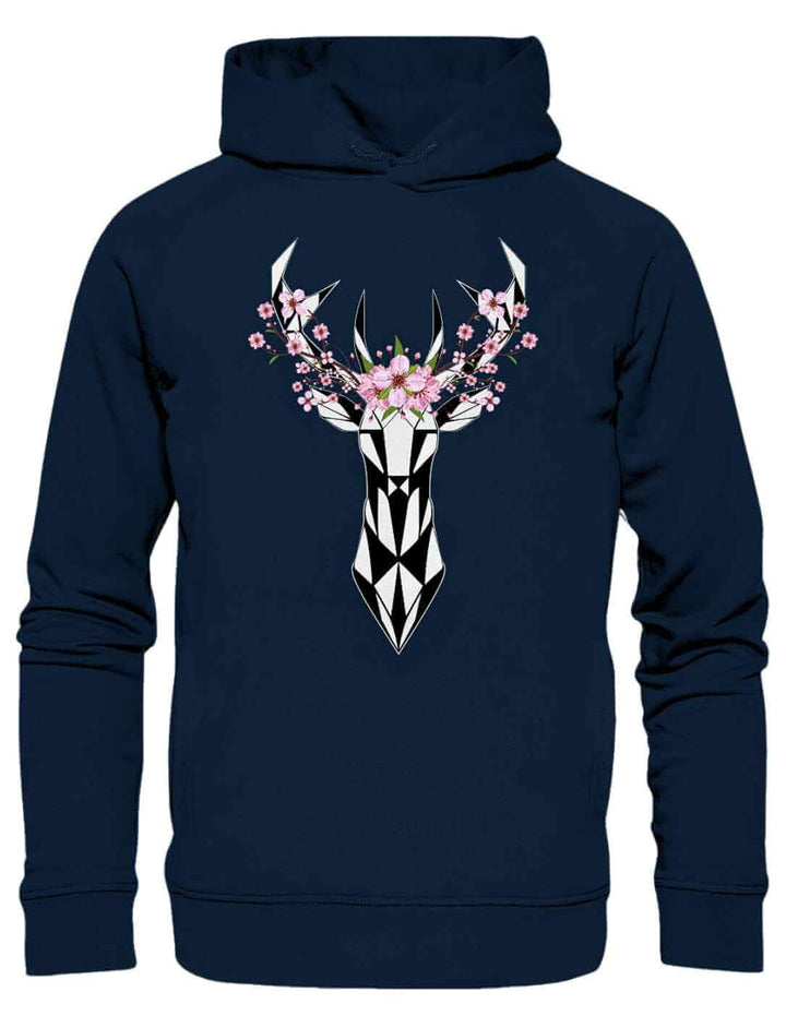 French Navy Sakura Deer Organic Unisex Hoodie, stilvoll und nachhaltig, auf weißem Hintergrund liegend