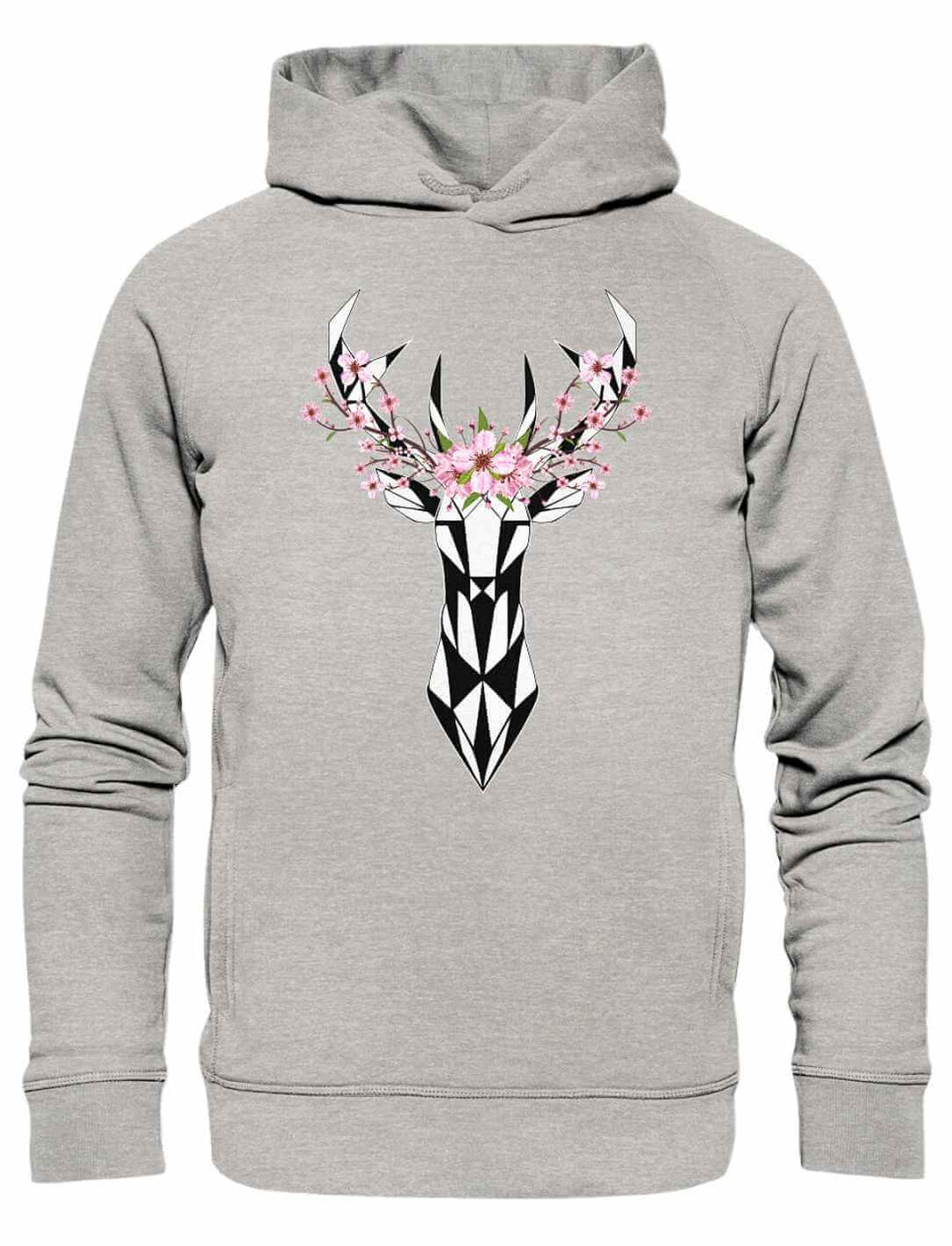 Heather Grey Sakura Deer Organic Unisex Hoodie, inspiriert von Natur und Kultur, auf weißem Hintergrund liegend