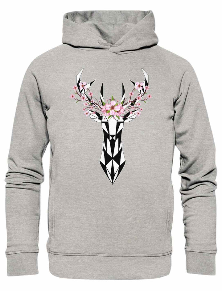 Heather Grey Sakura Deer Organic Unisex Hoodie, inspiriert von Natur und Kultur, auf weißem Hintergrund liegend