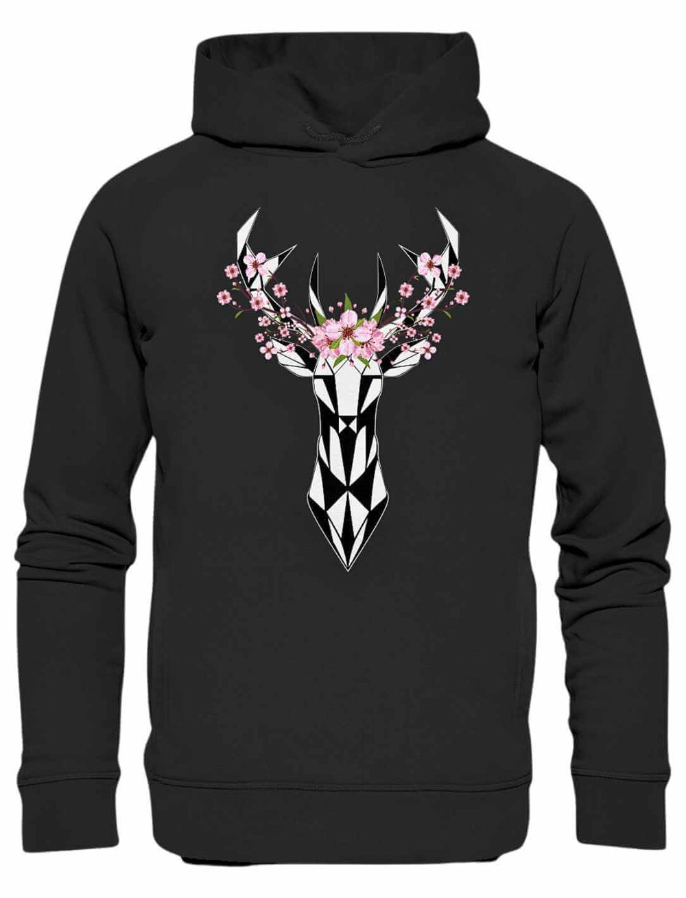 Schwarzer Sakura Deer Organic Unisex Hoodie, inspiriert von japanischer Kultur, auf weißem Hintergrund liegend
