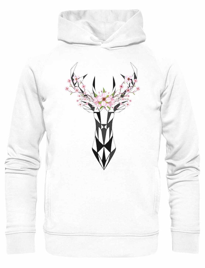 Weißer Sakura Deer Organic Unisex Hoodie, vereint Stil und Nachhaltigkeit, auf weißem Hintergrund liegend