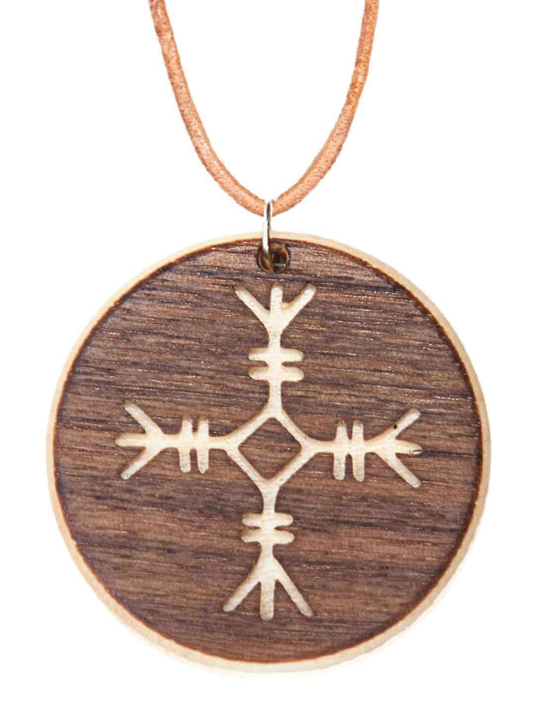 Schreckenshelm Amulett aus Holz – Handgefertigtes Schutzamulett auf weißem Hintergrund.