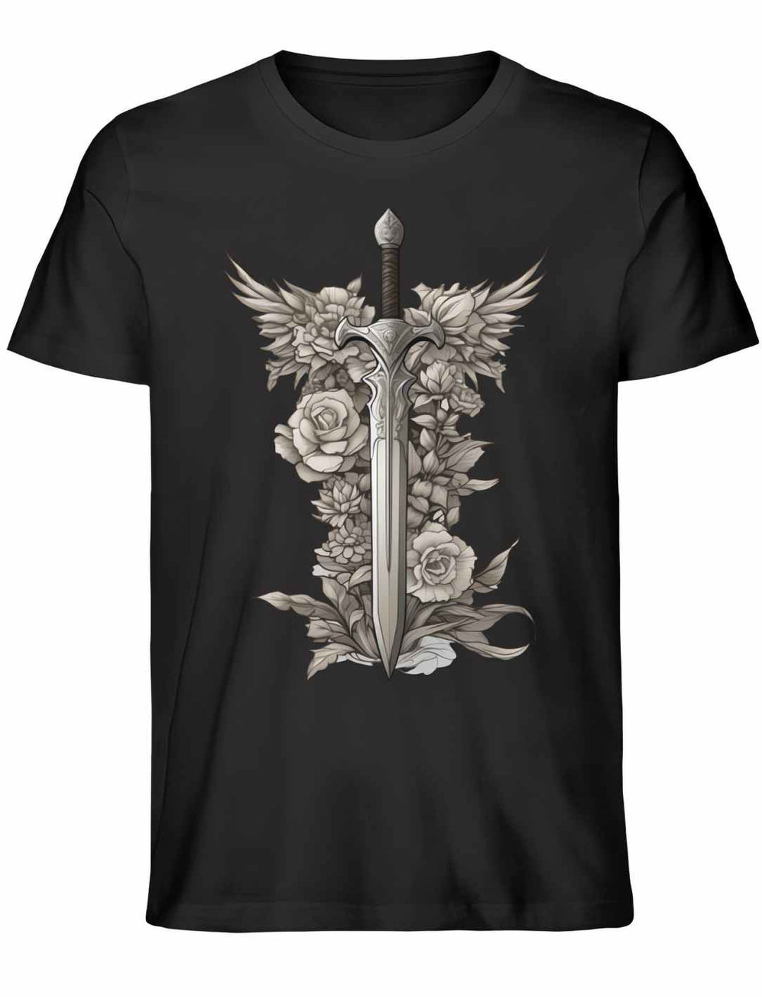 Schwert des Sylvanritters T-Shirt in Schwarz aus Bio-Baumwolle, Unisex-Schnitt, mit mystischem Schwertmotiv