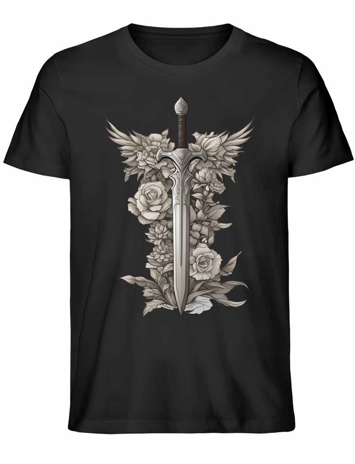 Schwert des Sylvanritters T-Shirt in Schwarz aus Bio-Baumwolle, Unisex-Schnitt, mit mystischem Schwertmotiv