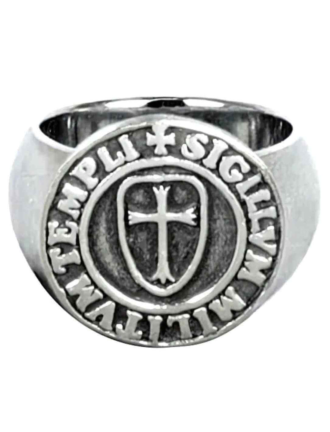 Siegelring des Tempelritters – Silberring mit dem historischen Siegel der Tempelritter, Symbol für Schutz und Ehre, auf weißem Hintergrund.