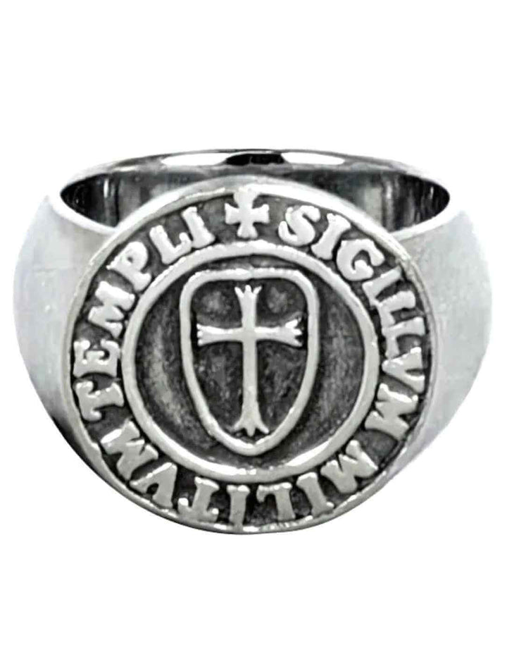Siegelring des Tempelritters – Silberring mit dem historischen Siegel der Tempelritter, Symbol für Schutz und Ehre, auf weißem Hintergrund.